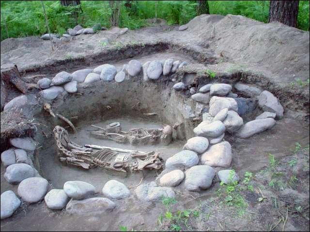 курган тюркского времени в лесу, на берегу р. Катунь